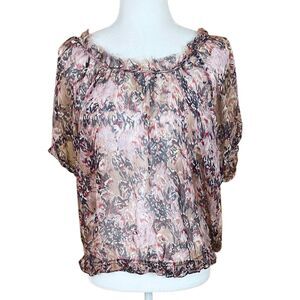 Ella Moss Sheer Blouse Size S Mauve Multicolor Silk Chiffon Short Puff Sleeves